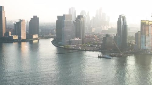 Aerial view of Long Island City, Queens on a humid summer morning