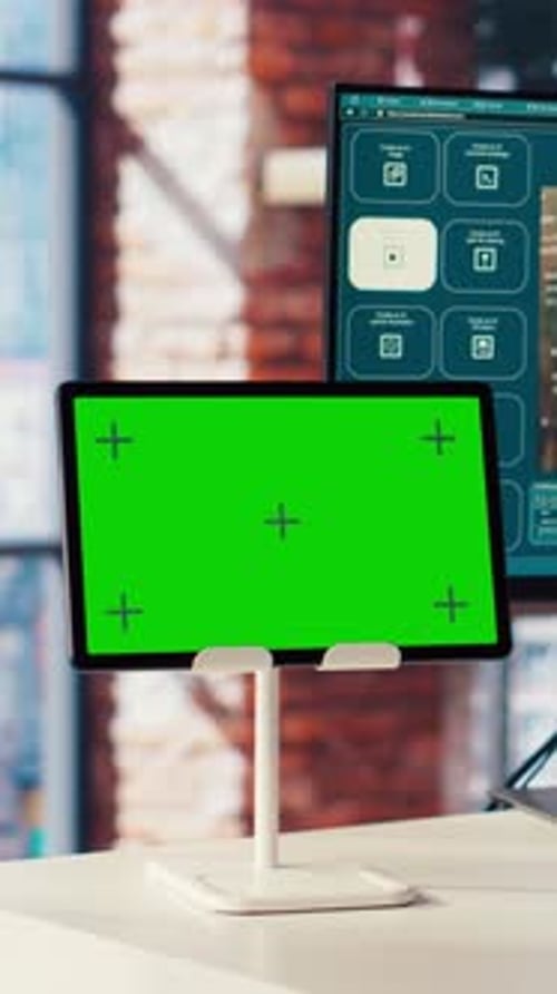 Homem usando modelos generativos de texto para vídeo no computador e no tablet Chroma Key