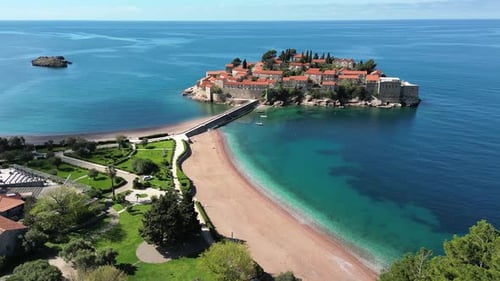 Drone Shot of the Famous Island of Sveti Stefan in Montenegro