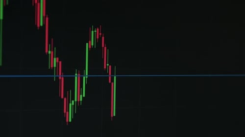 A candlestick chart showing a significant price drop reaching a blue support line on a stock trading