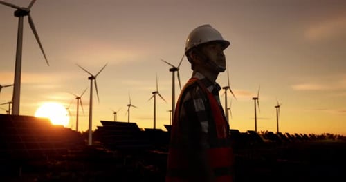Asian Male Engineer In A Helmet Looking Around While Silhouette In Front Of Wind Turbines At Sunset
