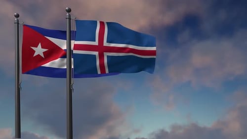 Cuban and Icelandic Flags Waving in the Wind