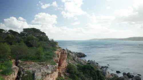 AERIAL: Trees and Bushes Grows on the Hill of Mellieha Bay with View to Mediterranean Sea