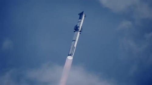 Futuristic Space Rocket Launching into Blue Sky