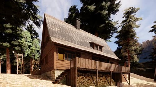3D Rendered Wooden Cabin Fly-Around in Forest