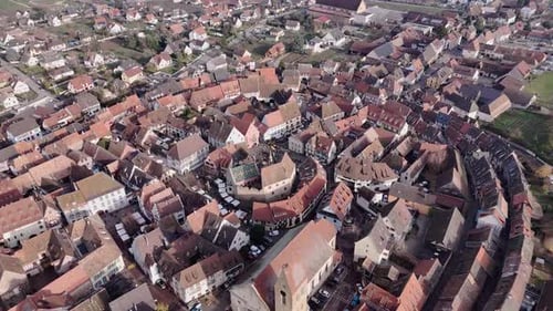 Aerial view of Eguisheim village center, France.