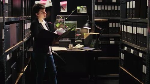 Woman Examining Files in Dark Office Investigation