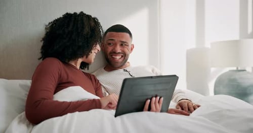 Happy couple, bedroom and tablet for social media post or streaming, online or subscription service