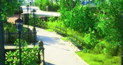 Lush Green Park with Benches Under Clear Blue Sky on a Sunny Day