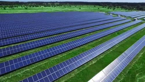 Clean Energy Production with Solar Park. Aerial View of Solar Energy Field