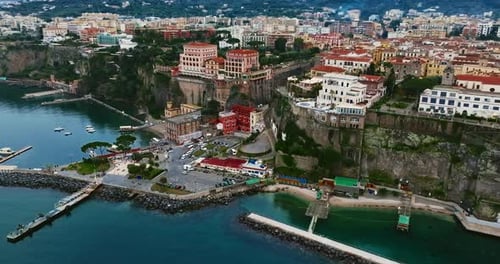 Aerial View of the Sorrento City and Coast in the Bay of Napoli in the Mediterranean Sea in Southern
