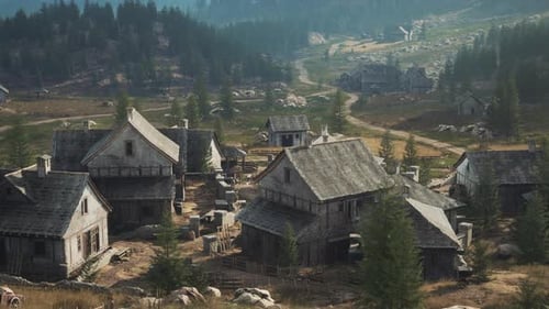 Aerial Pan Over Rustic Mountain Village in Forest Valley