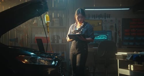 Professional Female Mechanic Works in Workshop Running Computer Diagnostics Connected Laptop