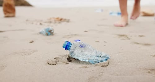 Person, hands and beach with plastic bottle for recycling, cleaning or saving the planet in nature