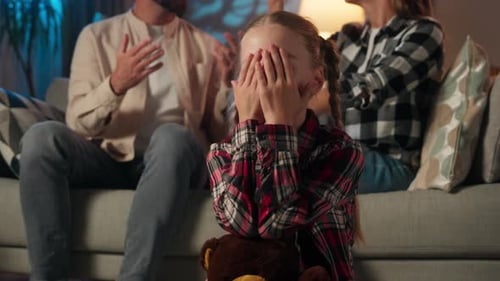 Family Quarrel Problem at Home Frustrated Stressed Little Caucasian Girl Daughter Close Face with
