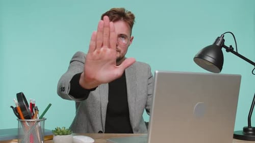 Business Man at Office Say No Hold Palm Folded Crossed Hands in Stop Gesture Warning of Finish