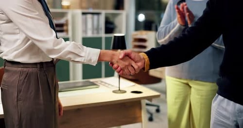 Business people, meeting and applause with handshake for agreement, B2B or deal at office