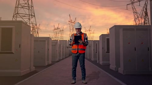 Worker Using Tablet at Electrical Substation During Sunset