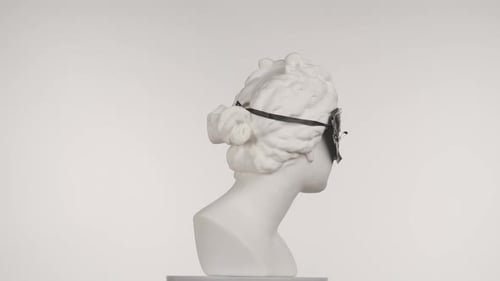 Closeup Shot Ancient Marble Bust Statue of Roman Era Woman in Black Mask Spinning Round on a