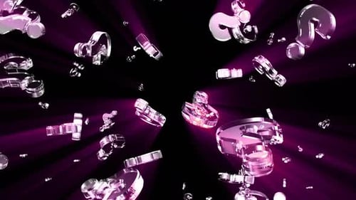 Floating Glass Question Marks in Abstract Purple Glow Background