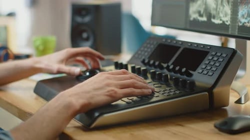 Nahaufnahme der Hände des Videoeditors, der mithilfe einer Bearbeitung mit Filmmaterial auf seinem PC arbeitet