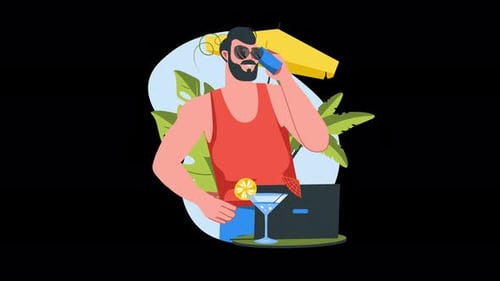 Homme au téléphone dégustant une boisson tropicale au bord de la piscine
