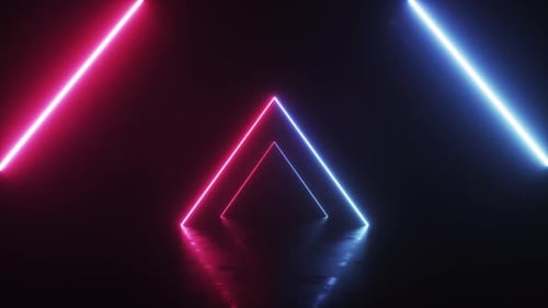 Neonrosa-Blaues Dreieck, hell, leuchtend, abstrakt, dunkler Hintergrund, futuristisches modernes Design, Energiestrahlen