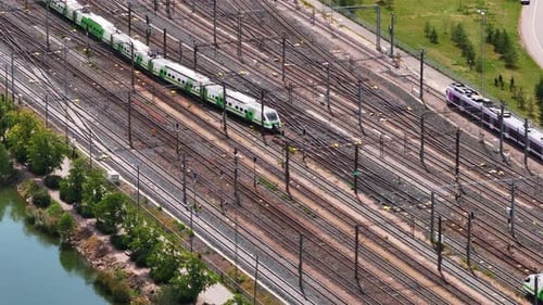 Aerial View of Multiple Trains at Railway Junction