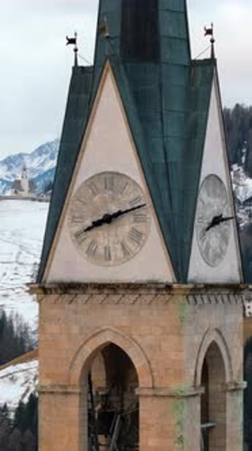 Aerial drone view of the San Lorenzo Church in the Selva di Cadore comune, in the Dolomites, Italy.