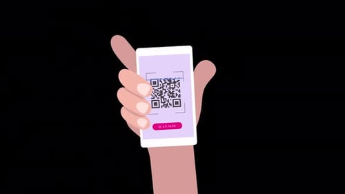 Animated Hand Holds Smartphone Displaying QR Code Scan