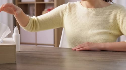 Woman Sprays and Wipes Down Table With Cleaner