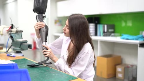 Woman Examining Prosthetic Leg in Medical Lab