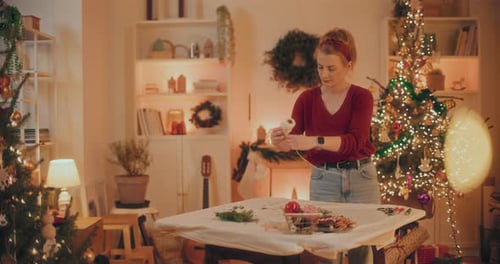 Woman Making Green Fresh Christmas Wreath For Christmas Holidays Florist DIY