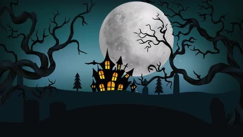 Animated Spooky Haunted House with Flying Bats on Halloween Night