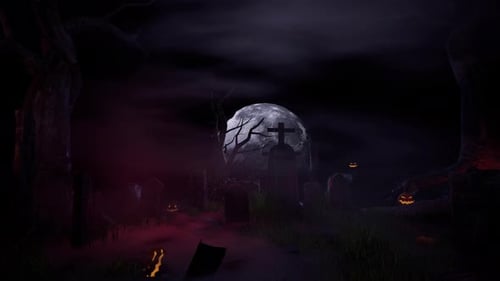 Spooky Halloween Graveyard Animated Background with Flying Bats and Full Moon