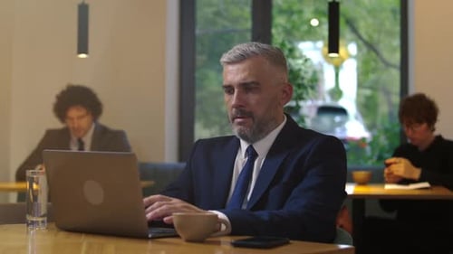 Concentrated Mature Businessman Typing on Laptop at Table in Restaurant