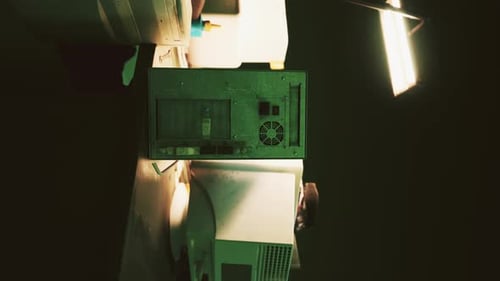 Flickering Light on Retro Computer Setup with Grunge Effect