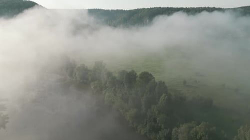Aerial View of Sunrise Over Misty Morning Forest Flight