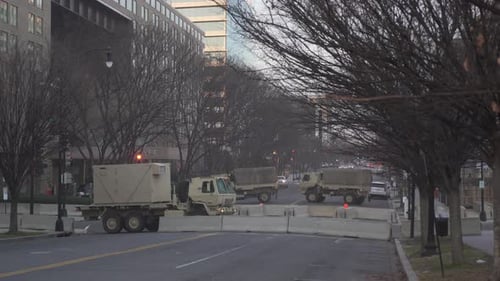 Armored Military Vehicle Road Closure at US Capitol Before Joe Biden Inauguration, Washington D.C.