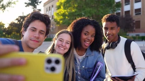 Multiracial Group of Students Taking a Selfie on Campus