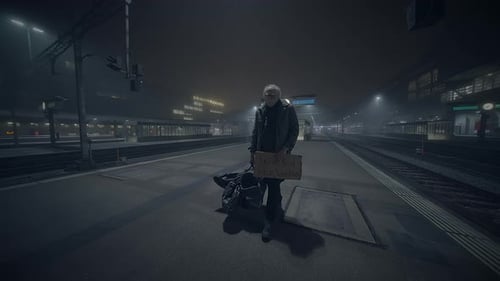 Elderly Homeless Man Suffering From Poverty Looking for Help at Train Station