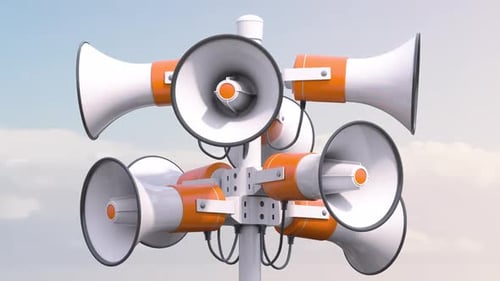 Megafones ou alto-falantes em um poste. Anúncio público, aviso, promoção, alerta ou notificação