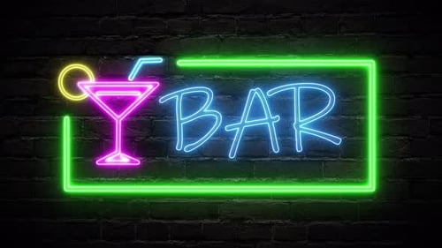 Bar Neon Sign Light in Frame on Brick Wall Background