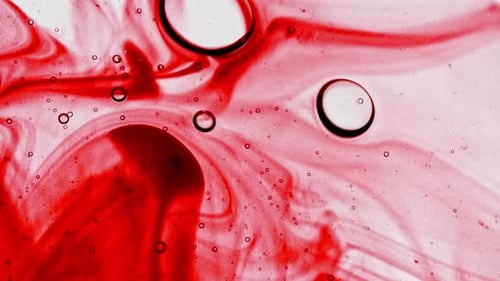 Transparentes rotes kosmetisches Gelfluid mit Seifenblasenöl auf Wasser, weißer farbiger Hintergrund, Makroaufnahme