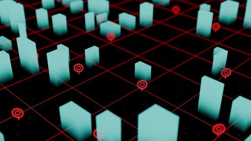 Growing Abstract City Buildings and Location Pins Expanding on Grid Design