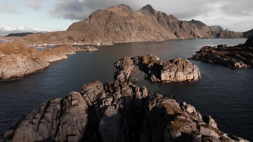 Aerial view of Segla mountain above the sky, Norway during summer
