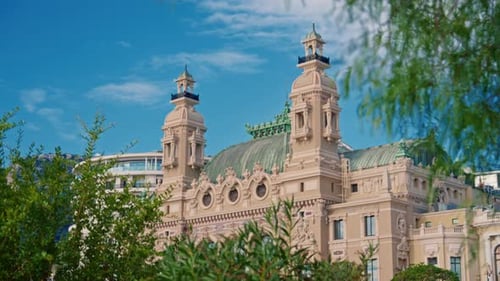 Grand Casino in Monte Carlo Timelapse Monaco Historical Building Blue Cloudy Sky at Summer Day