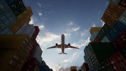 Modern 3D Airplane Flying Above Shipping Containers Animation