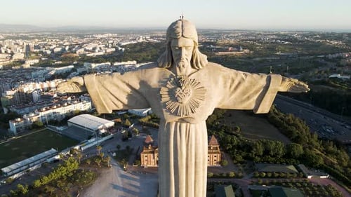 Aerial view of Cristo Rei statue in Almada, Lisbon, Portugal.