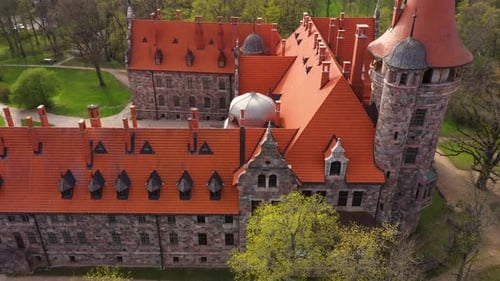 Birds eye view of castle tower of medieval palace in Cesvaine, Latvia.